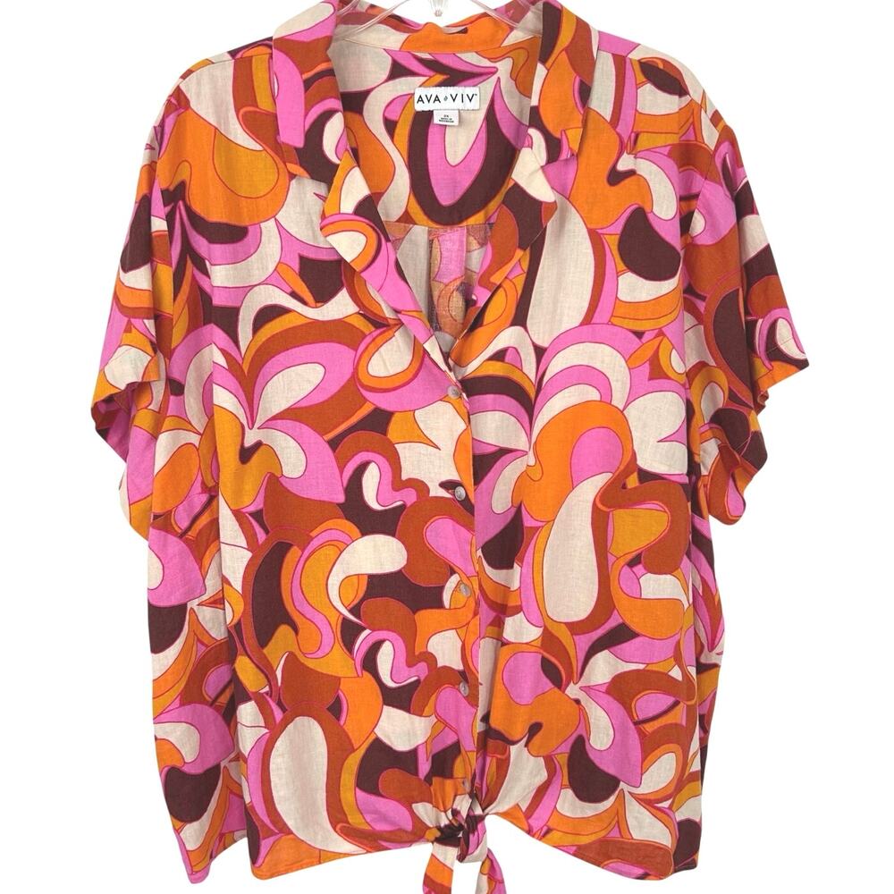 Ava & Viv 2X Linen Blend Retro Mod Psychedelic Tie Front Button Blouse Top